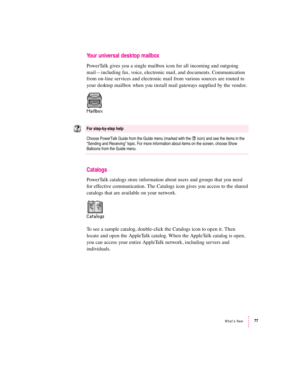 Your universal desktop mailbox, Catalogs | Apple Macintosh System 7.5 User Manual | Page 82 / 114