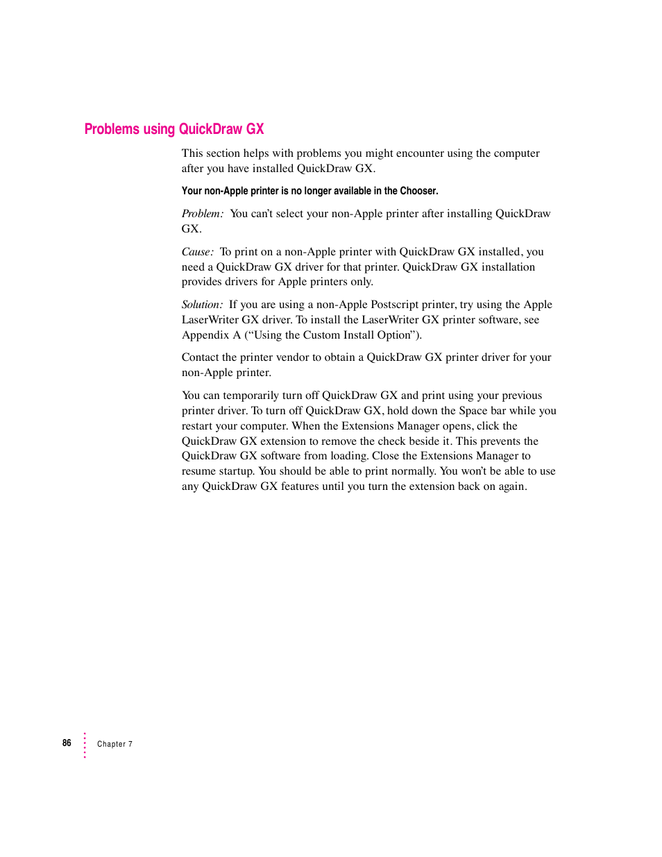 Problems using quickdraw gx | Apple Macintosh System 7.5 User Manual | Page 90 / 114