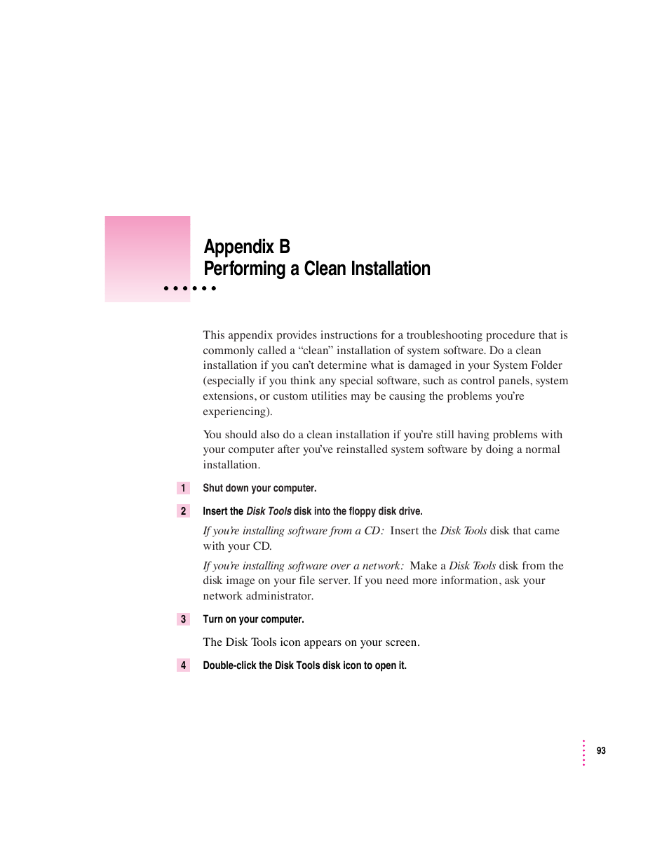 Appendix b performing a clean installation | Apple Macintosh System 7.5 User Manual | Page 97 / 114