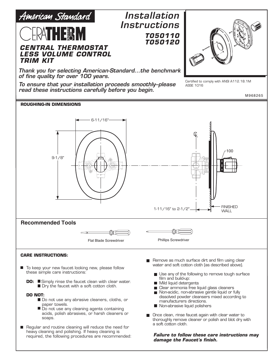 American Standard CERATHERM T050120 User Manual | 2 pages