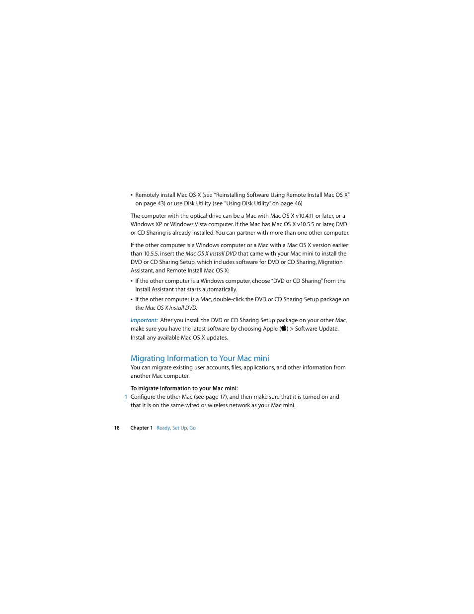 Migrating information to your macmini, Ac (see “migrating, Migrating information to your mac mini | Apple Mac mini (Late 2009) User Manual | Page 18 / 76