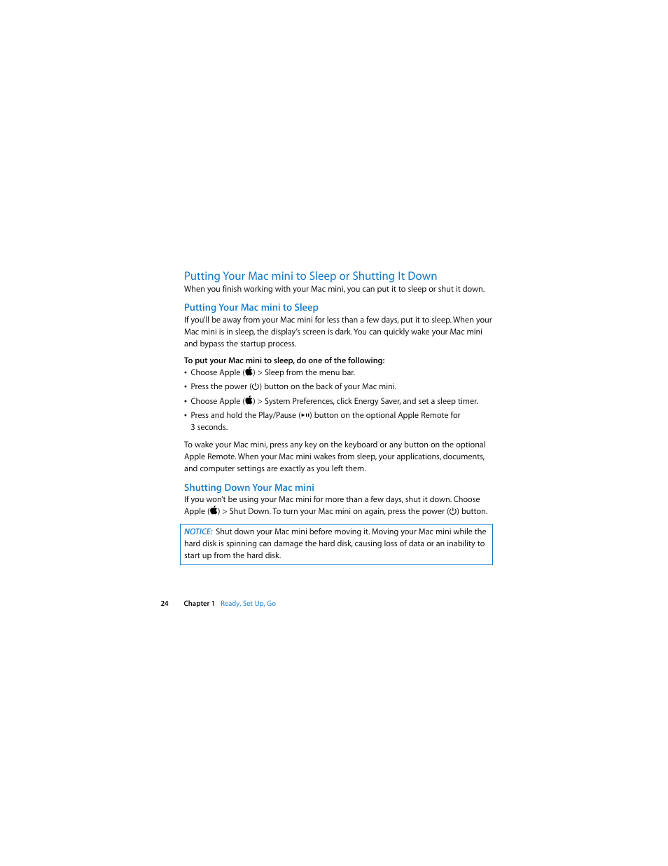 Putting your macmini to sleep or shutting it down, Putting your macmini to sleep, Shutting down your macmini | Putting your mac mini to sleep or shutting it down | Apple Mac mini (Late 2009) User Manual | Page 24 / 76