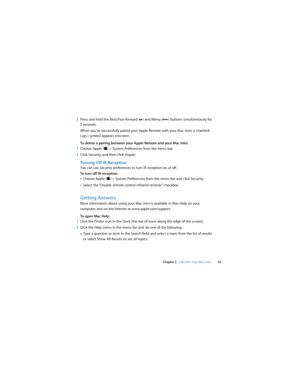 Turning off ir reception, Getting answers | Apple Mac mini (Late 2009) User Manual | Page 33 / 76