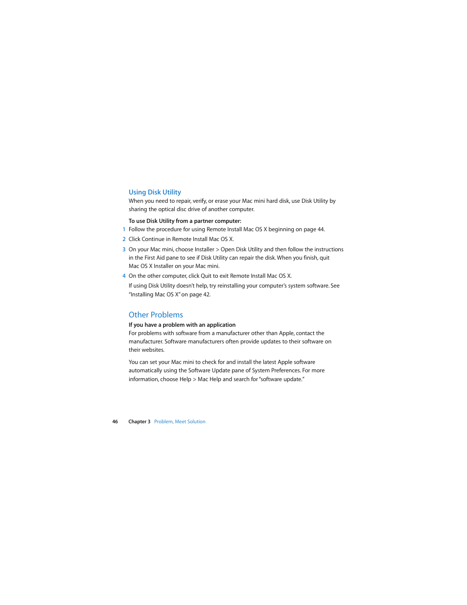 Using disk utility, Other problems | Apple Mac mini (Late 2009) User Manual | Page 46 / 76