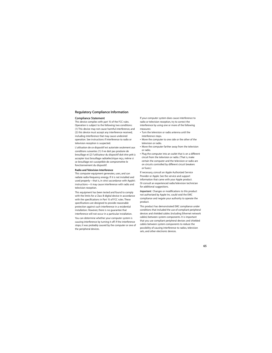 Regulatory compliance information | Apple Mac mini (Late 2009) User Manual | Page 65 / 76