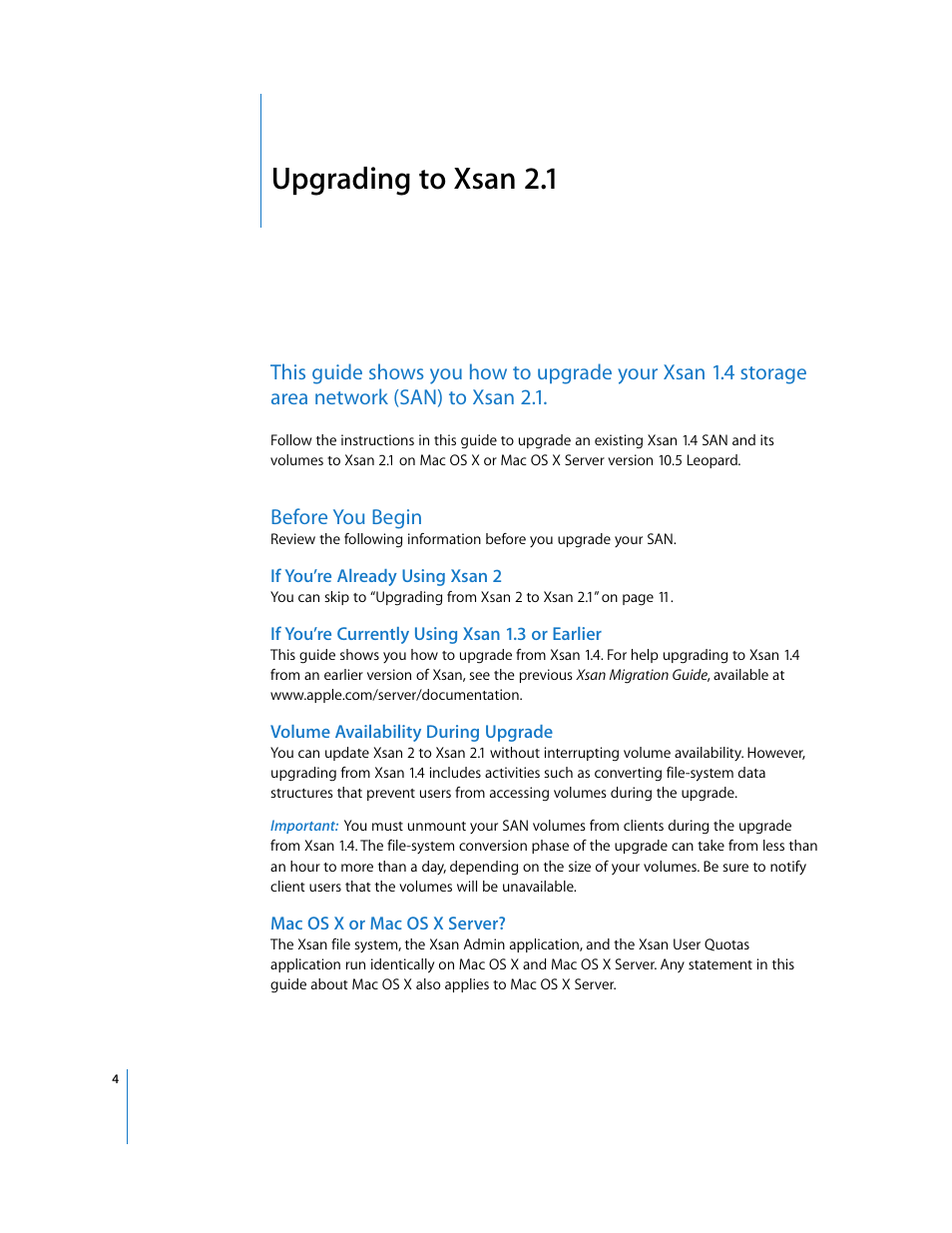 Upgrading to xsan 2.1, Before you begin, If you’re already using xsan 2 | If you’re currently using xsan 1.3 or earlier, Volume availability during upgrade, Macosx or macosx server | Apple Xsan 2 (Second Edition) User Manual | Page 4 / 11