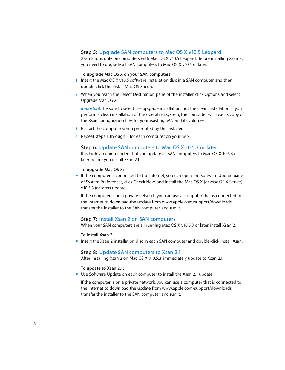 Step7:install xsan 2 on san computers, Step8:update san computers to xsan 2.1 | Apple Xsan 2 (Second Edition) User Manual | Page 8 / 11