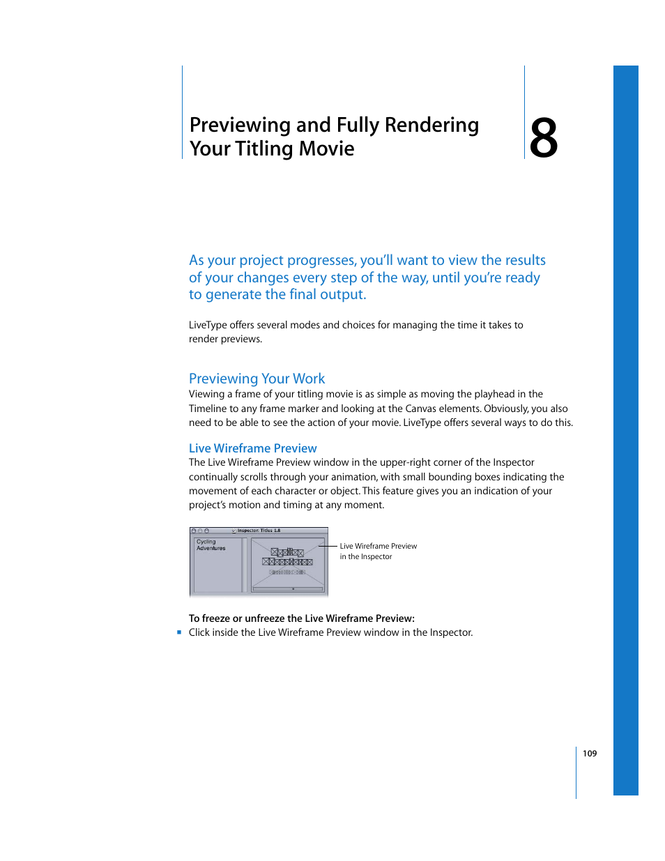 Previewing and fully rendering your titling movie, Previewing your work, Live wireframe preview | Chapter 8 | Apple LiveType 2 User Manual | Page 109 / 157