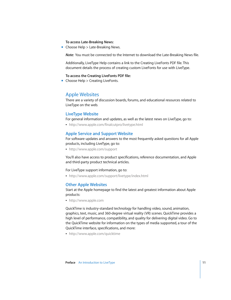 Apple websites, Livetype website, Apple service and support website | Other apple websites | Apple LiveType 2 User Manual | Page 11 / 157