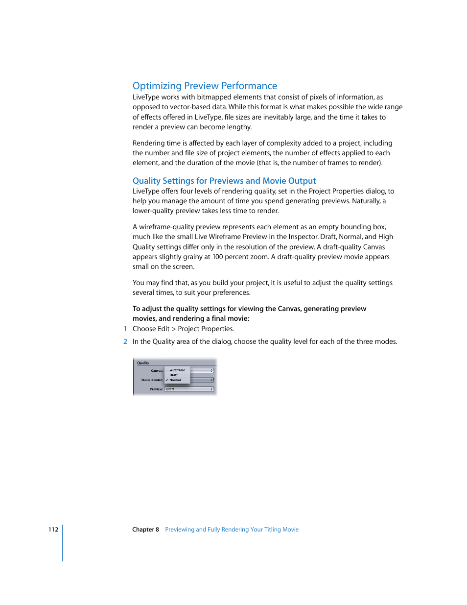 Optimizing preview performance, Quality settings for previews and movie output | Apple LiveType 2 User Manual | Page 112 / 157