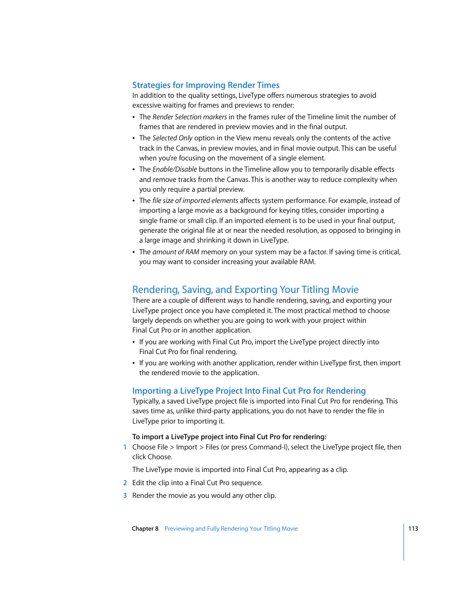 Strategies for improving render times | Apple LiveType 2 User Manual | Page 113 / 157