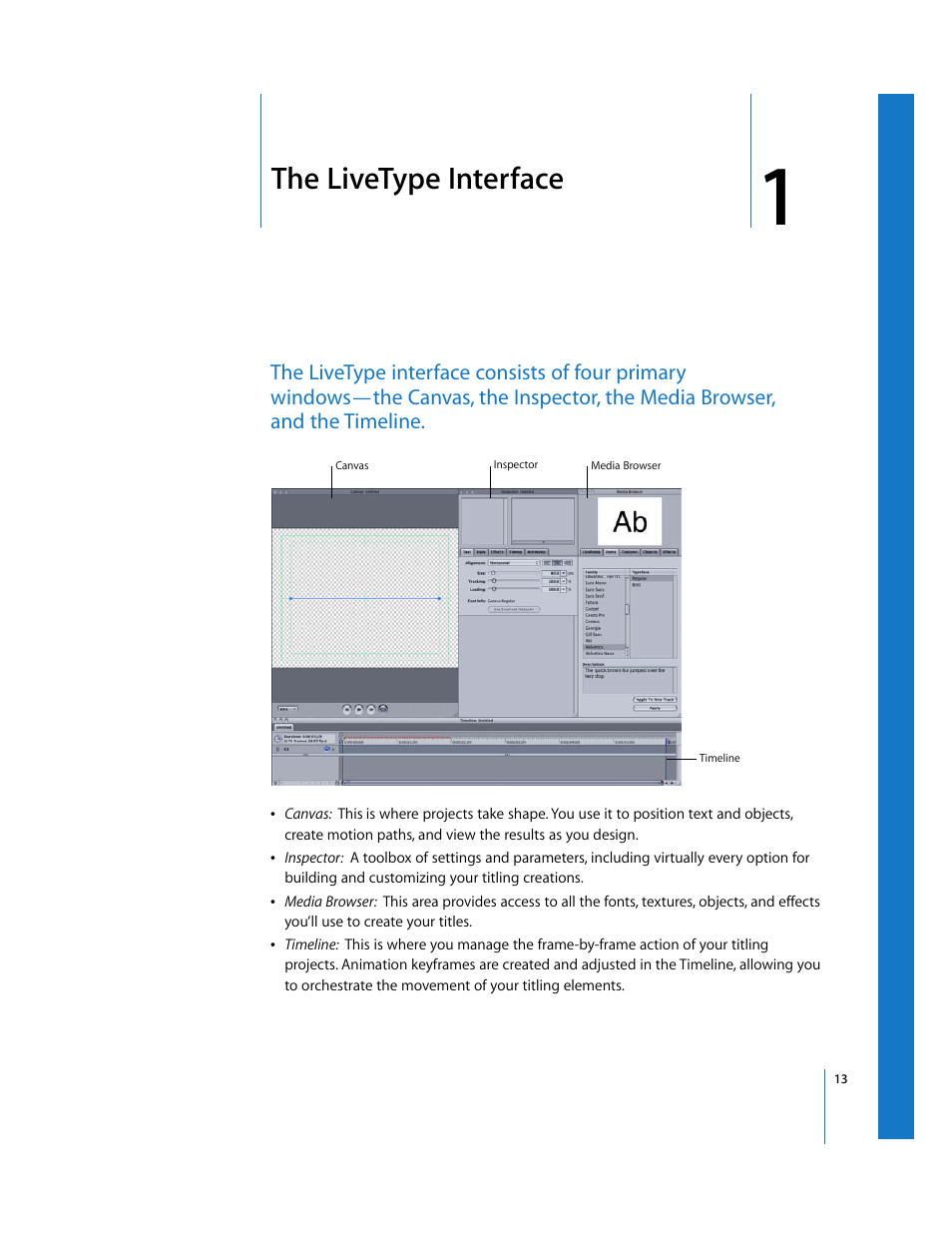 The livetype interface, Chapter 1 | Apple LiveType 2 User Manual | Page 13 / 157