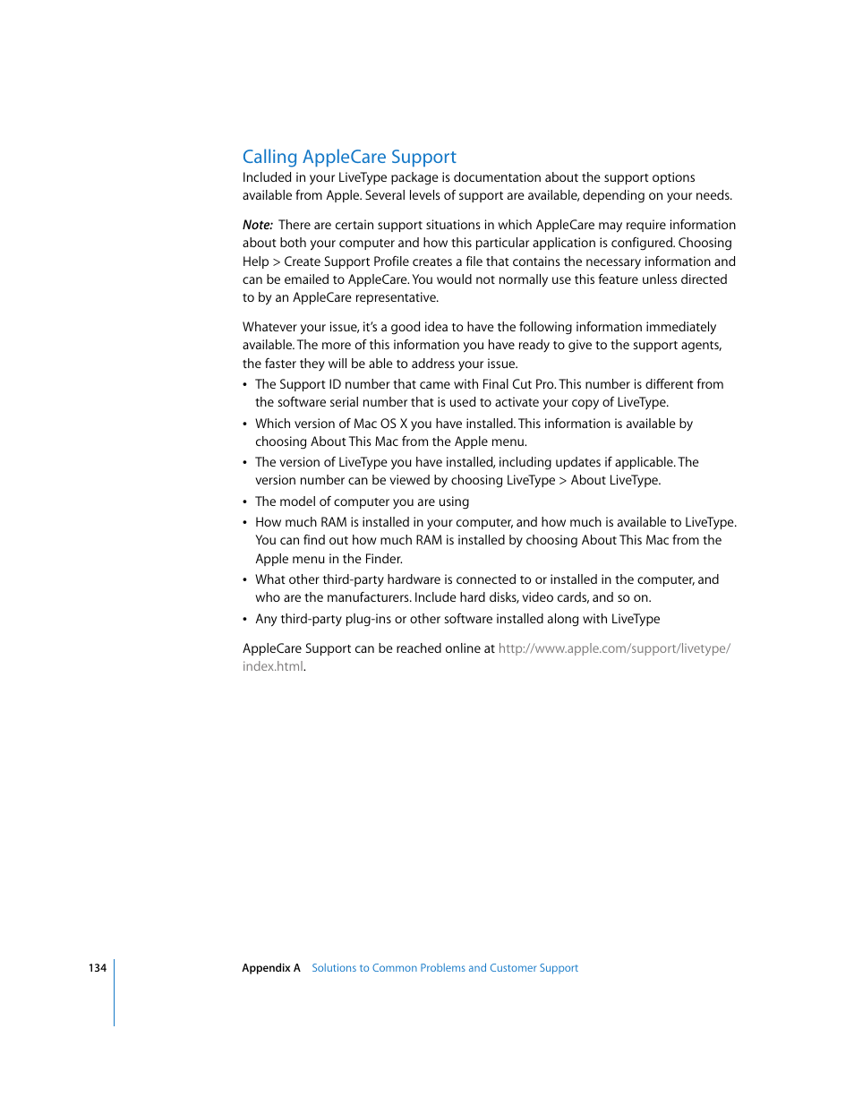 Calling applecare support | Apple LiveType 2 User Manual | Page 134 / 157
