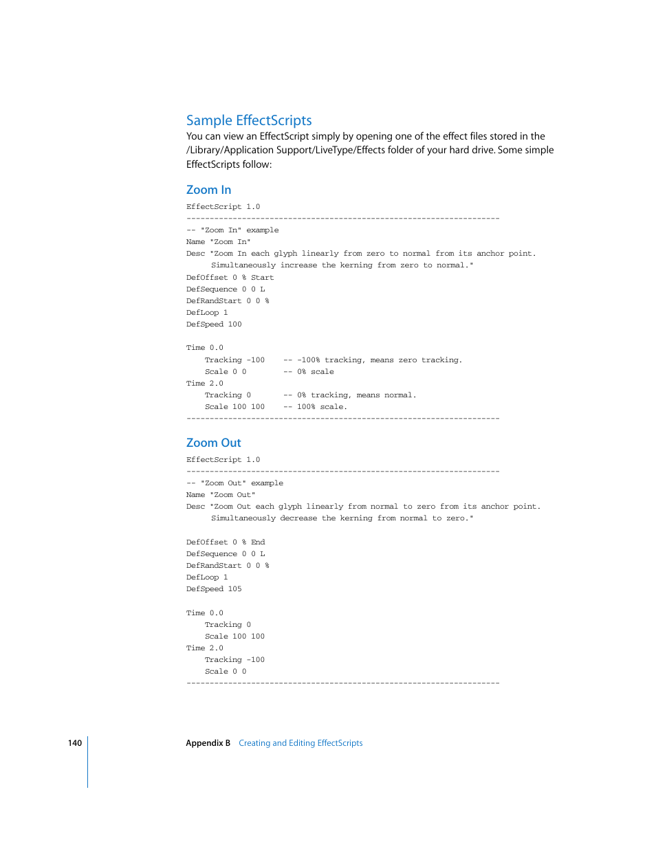 Sample effectscripts, Zoom in, Zoom out | Apple LiveType 2 User Manual | Page 140 / 157