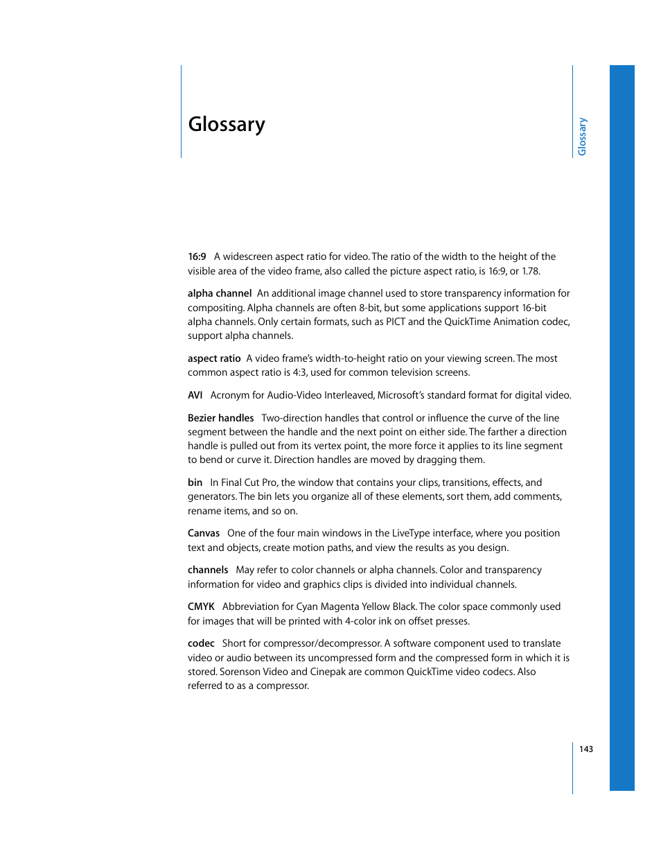 Glossary | Apple LiveType 2 User Manual | Page 143 / 157