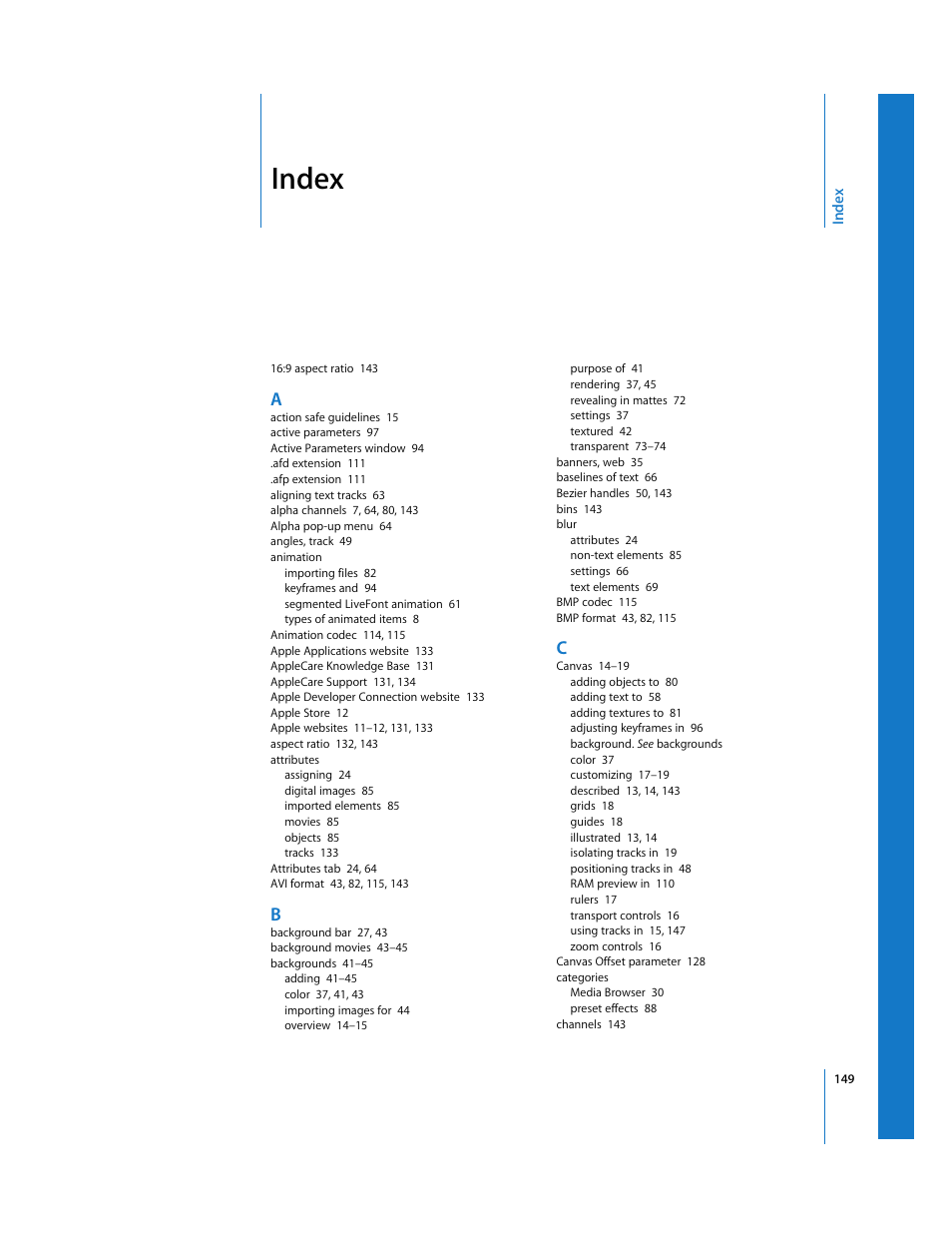 Index | Apple LiveType 2 User Manual | Page 149 / 157