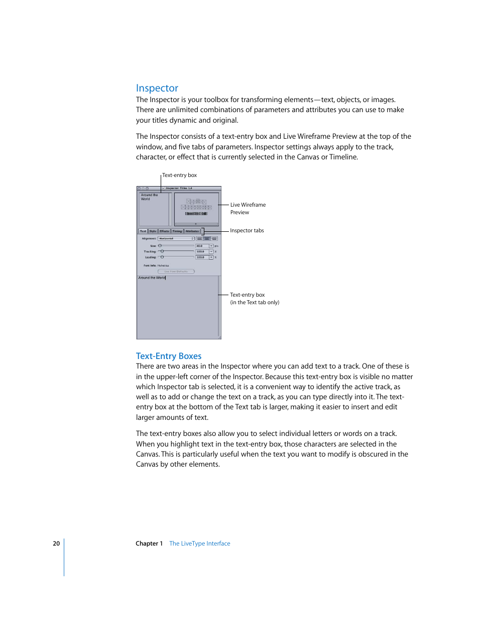 Inspector, Text-entry boxes | Apple LiveType 2 User Manual | Page 20 / 157