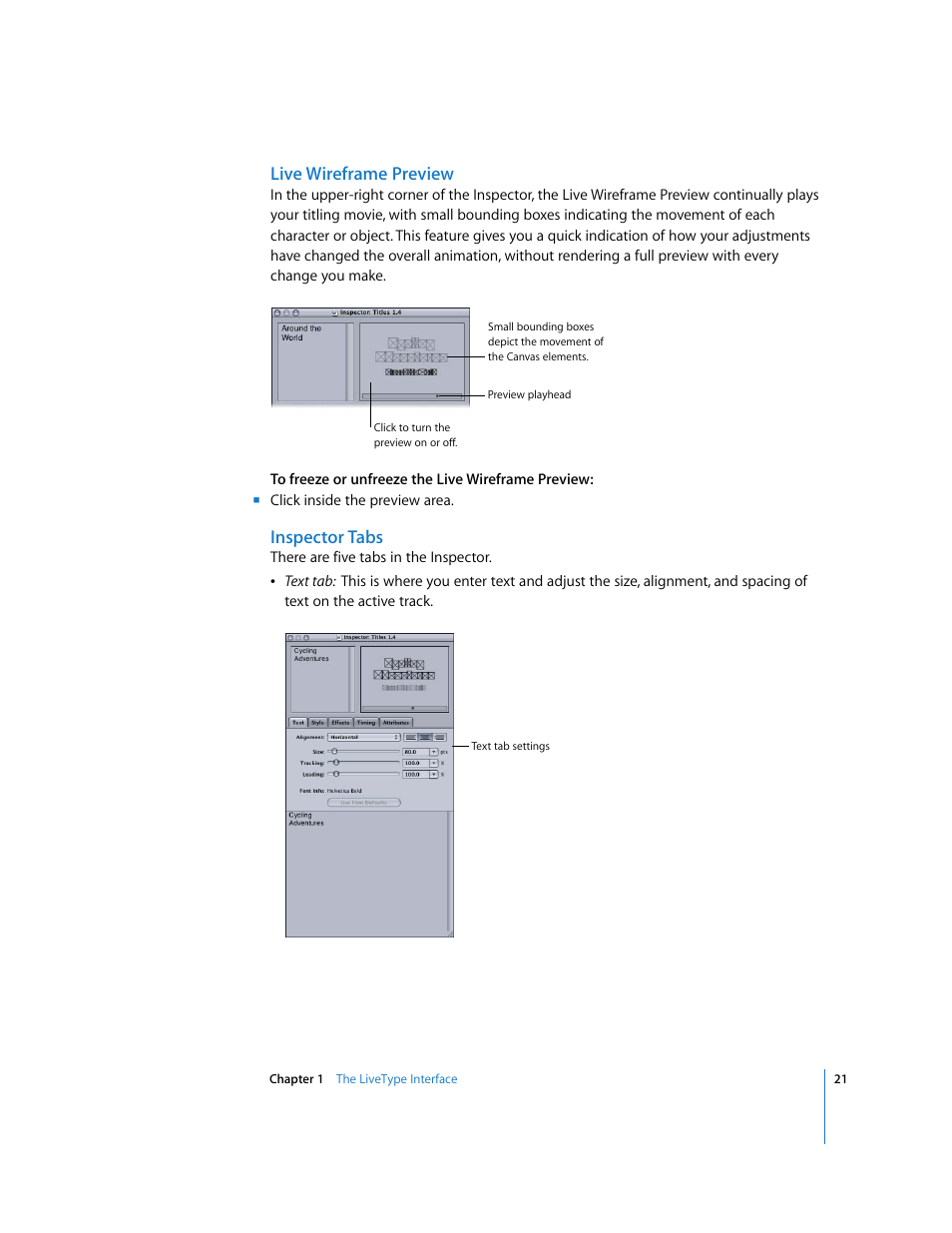 Live wireframe preview, Inspector tabs | Apple LiveType 2 User Manual | Page 21 / 157