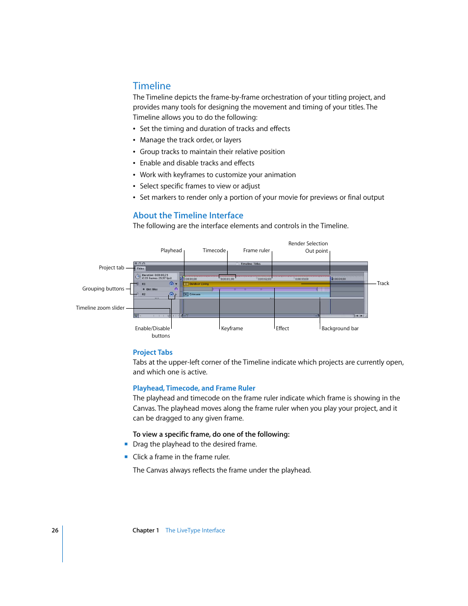 Timeline, About the timeline interface | Apple LiveType 2 User Manual | Page 26 / 157