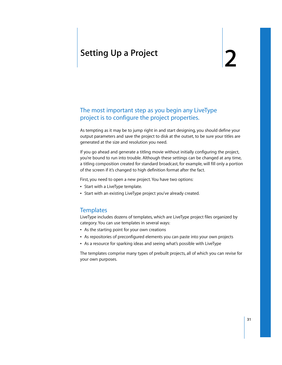 Setting up a project, Templates, Chapter 2 | Apple LiveType 2 User Manual | Page 31 / 157