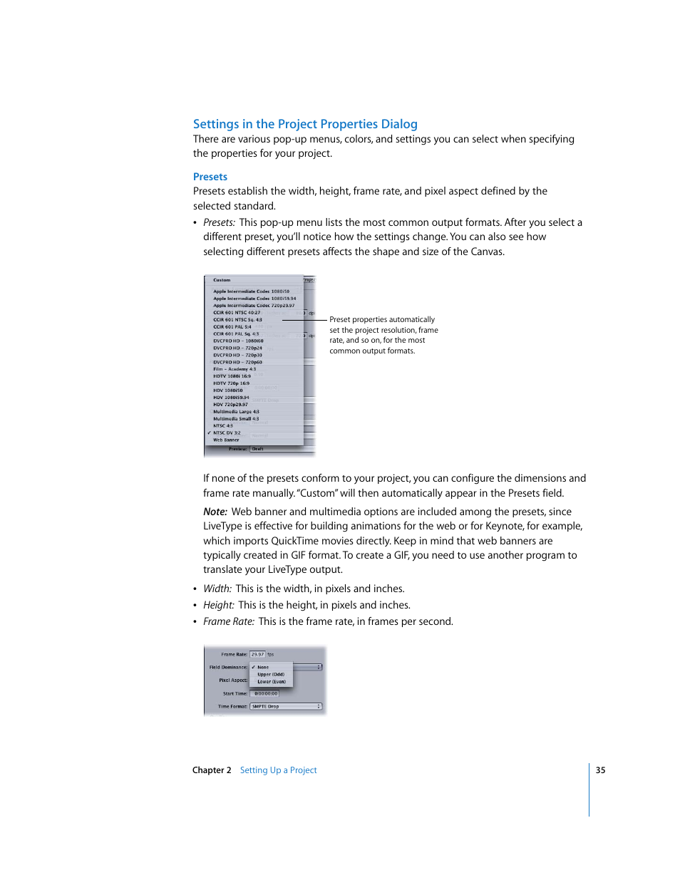 Settings in the project properties dialog, Settings in the project properties, Dialog | Apple LiveType 2 User Manual | Page 35 / 157