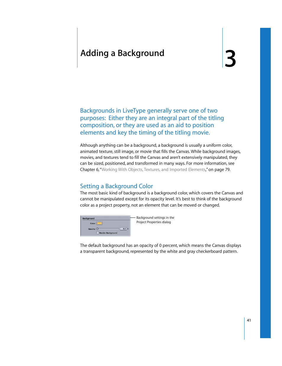 Adding a background, Setting a background color, Chapter 3 | See chapter 3 | Apple LiveType 2 User Manual | Page 41 / 157