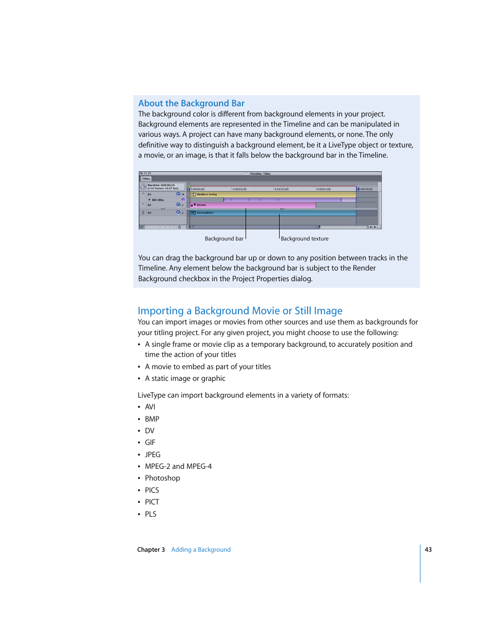 About the background bar, Importing a background movie or still image | Apple LiveType 2 User Manual | Page 43 / 157