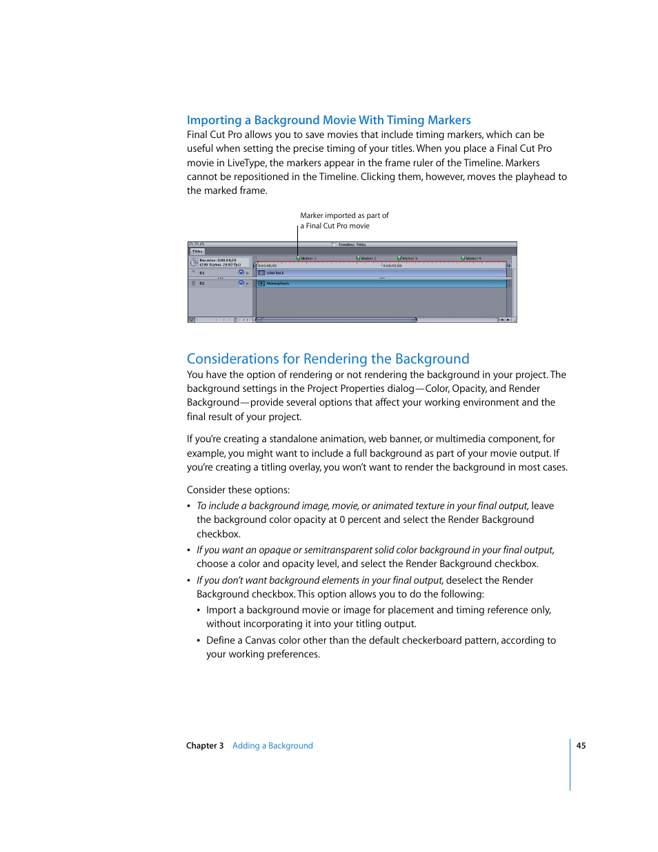 Importing a background movie with timing markers, Considerations for rendering the background | Apple LiveType 2 User Manual | Page 45 / 157