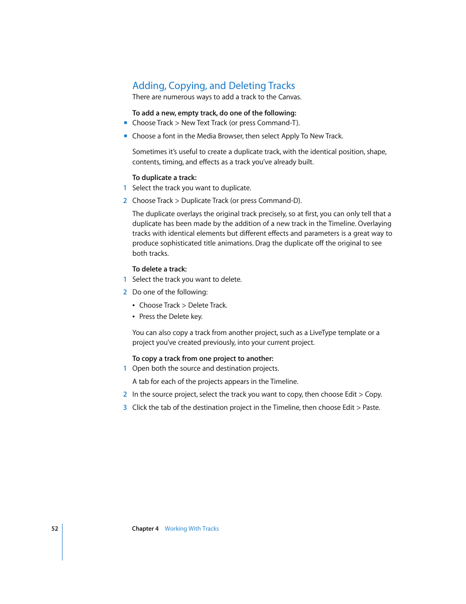 Adding, copying, and deleting tracks | Apple LiveType 2 User Manual | Page 52 / 157