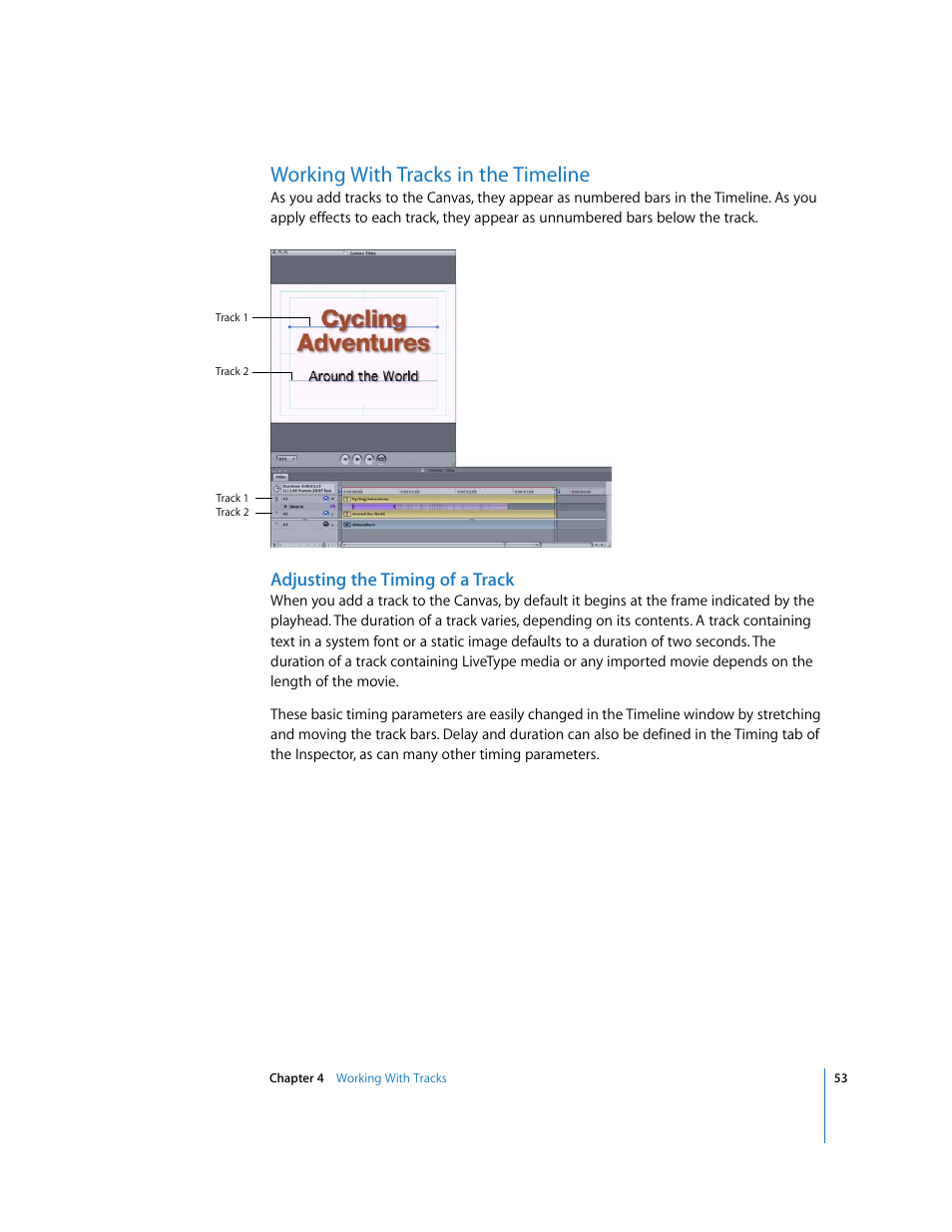 Working with tracks in the timeline, Adjusting the timing of a track | Apple LiveType 2 User Manual | Page 53 / 157