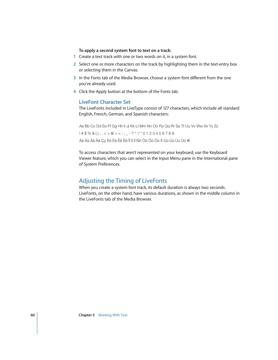 Livefont character set, Adjusting the timing of livefonts | Apple LiveType 2 User Manual | Page 60 / 157