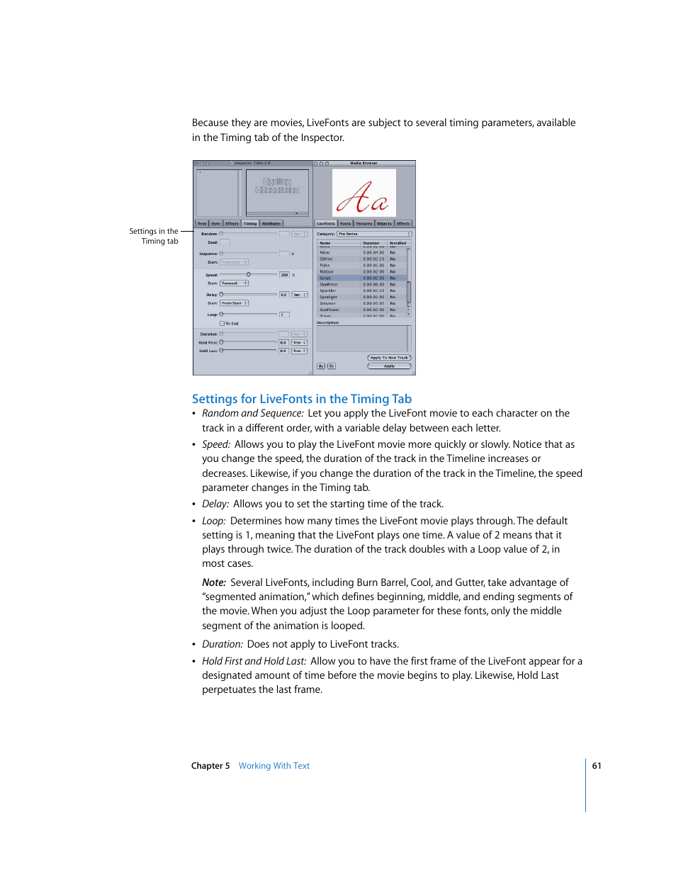 Settings for livefonts in the timing tab | Apple LiveType 2 User Manual | Page 61 / 157