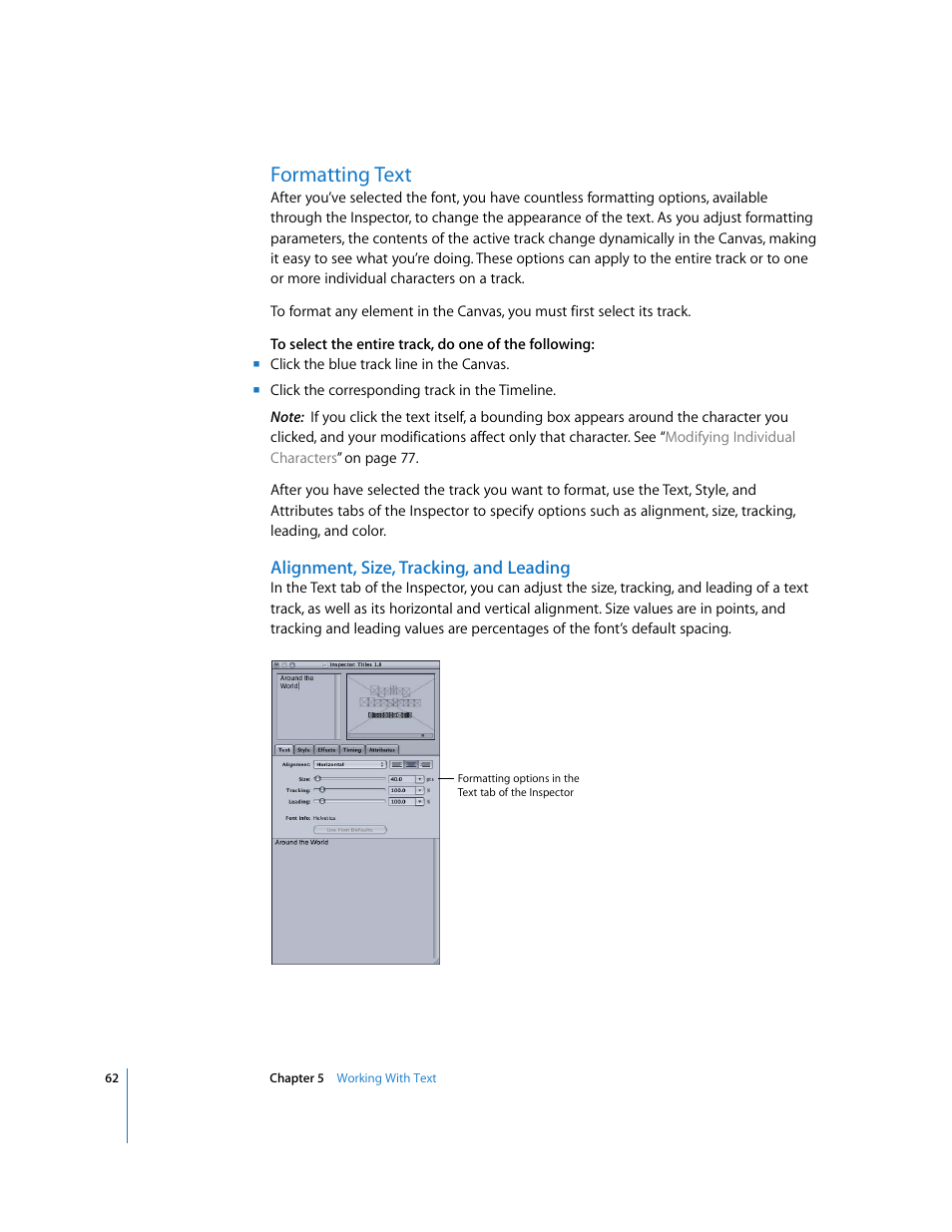 Formatting text, Alignment, size, tracking, and leading | Apple LiveType 2 User Manual | Page 62 / 157