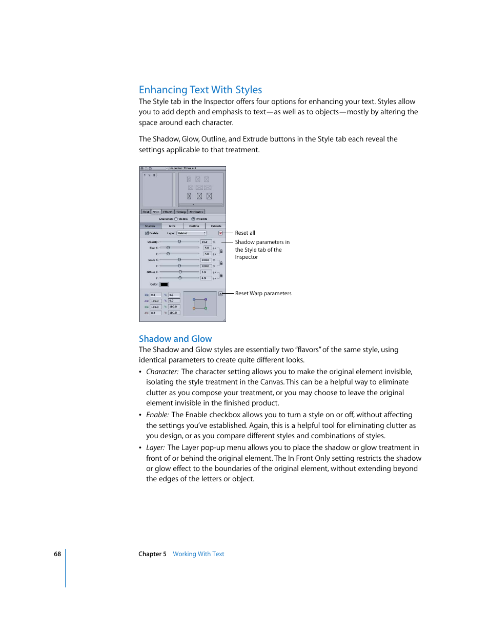 Enhancing text with styles, Shadow and glow | Apple LiveType 2 User Manual | Page 68 / 157