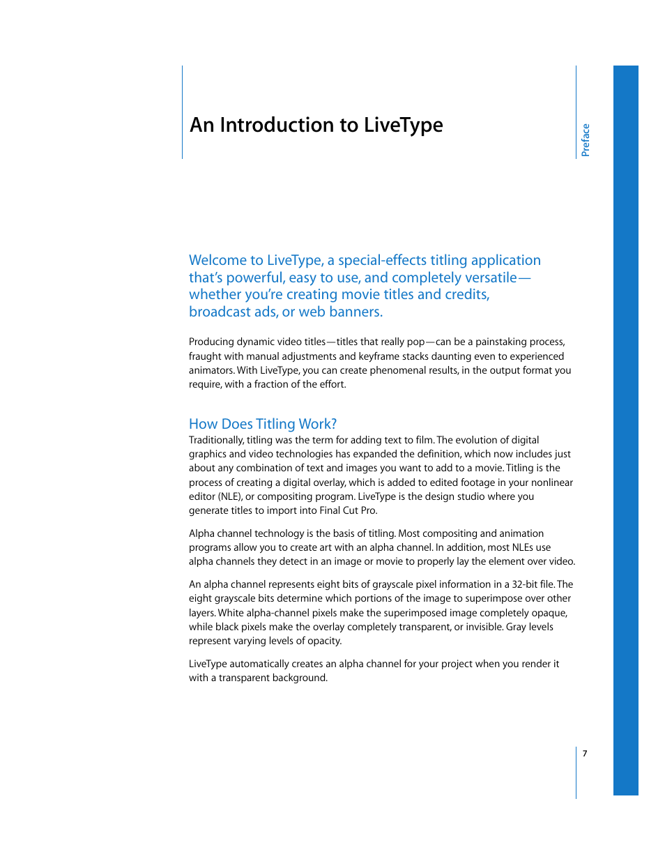 An introduction to livetype, How does titling work, Preface | Apple LiveType 2 User Manual | Page 7 / 157