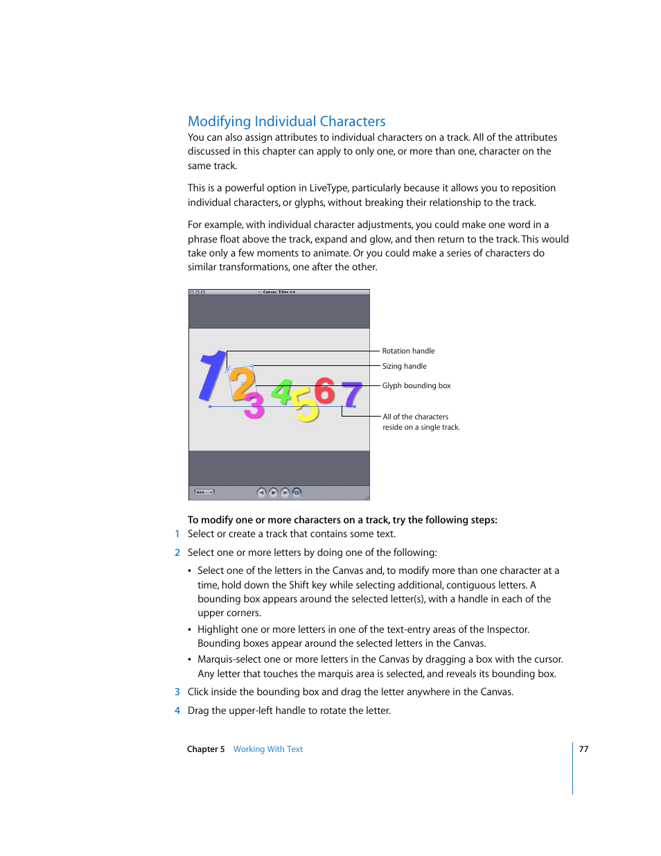 Modifying individual characters, Modifying individual, Characters | Apple LiveType 2 User Manual | Page 77 / 157