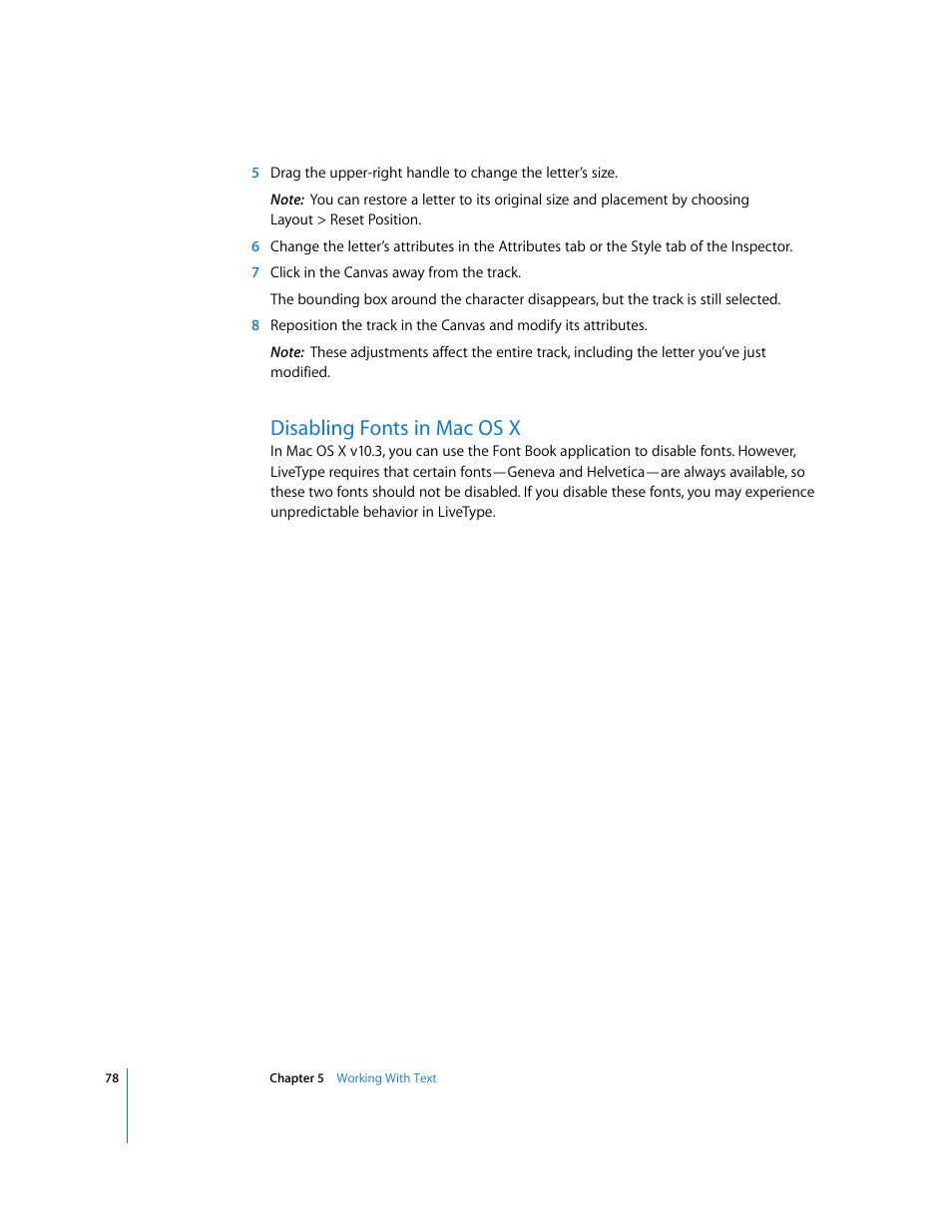 Disabling fonts in mac os x | Apple LiveType 2 User Manual | Page 78 / 157