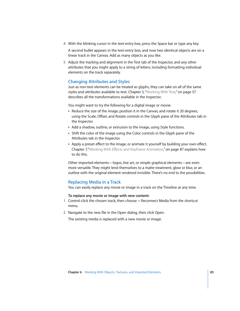 Changing attributes and styles, Replacing media in a track | Apple LiveType 2 User Manual | Page 85 / 157