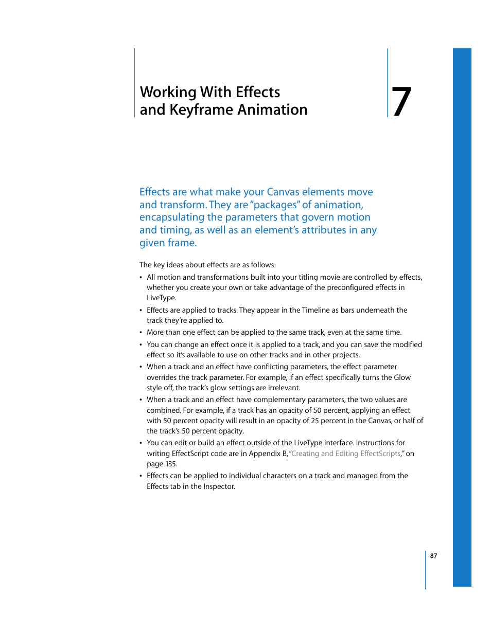 Working with effects and keyframe animation, Chapter 7, Ee chapter 7 | Working, With effects and keyframe animation, S is defined fully in chapter 7, Working with effects, And keyframe animation | Apple LiveType 2 User Manual | Page 87 / 157