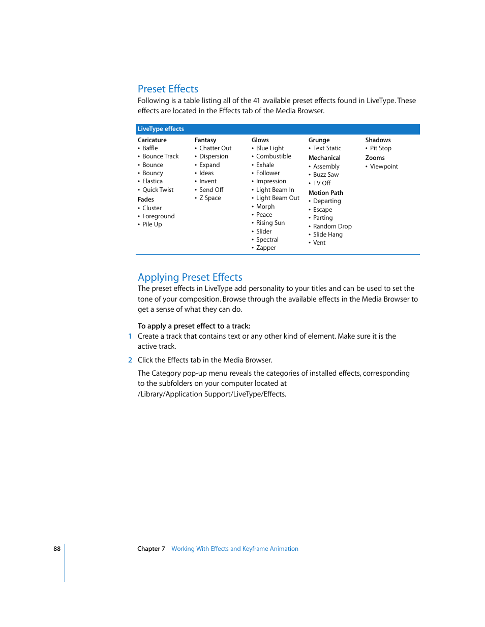 Preset effects, Applying preset effects | Apple LiveType 2 User Manual | Page 88 / 157