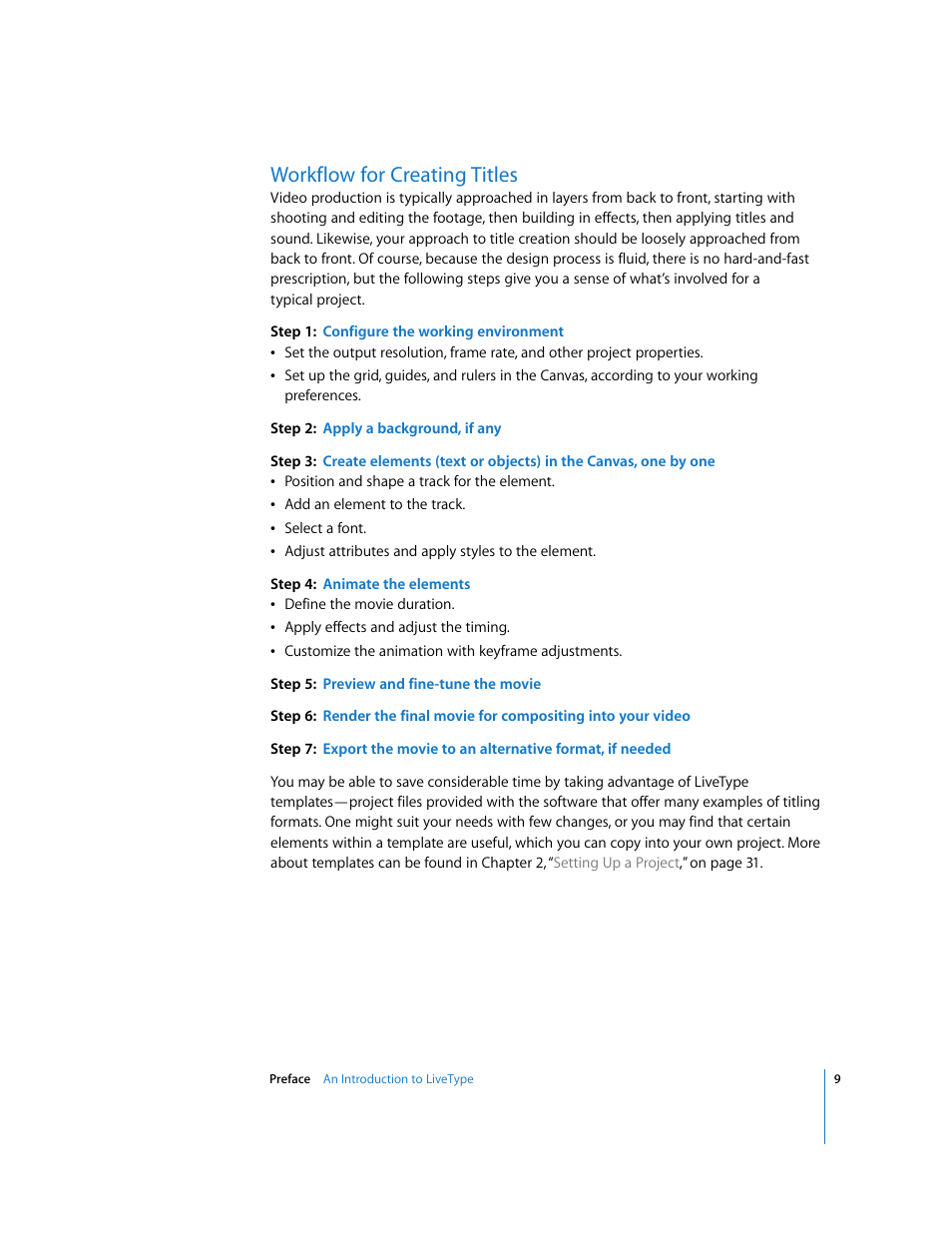 Workflow for creating titles | Apple LiveType 2 User Manual | Page 9 / 157