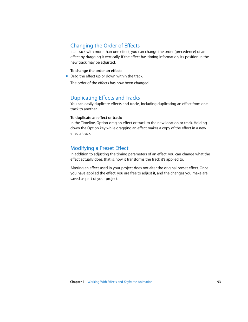 Changing the order of effects, Duplicating effects and tracks, Modifying a preset effect | Apple LiveType 2 User Manual | Page 93 / 157