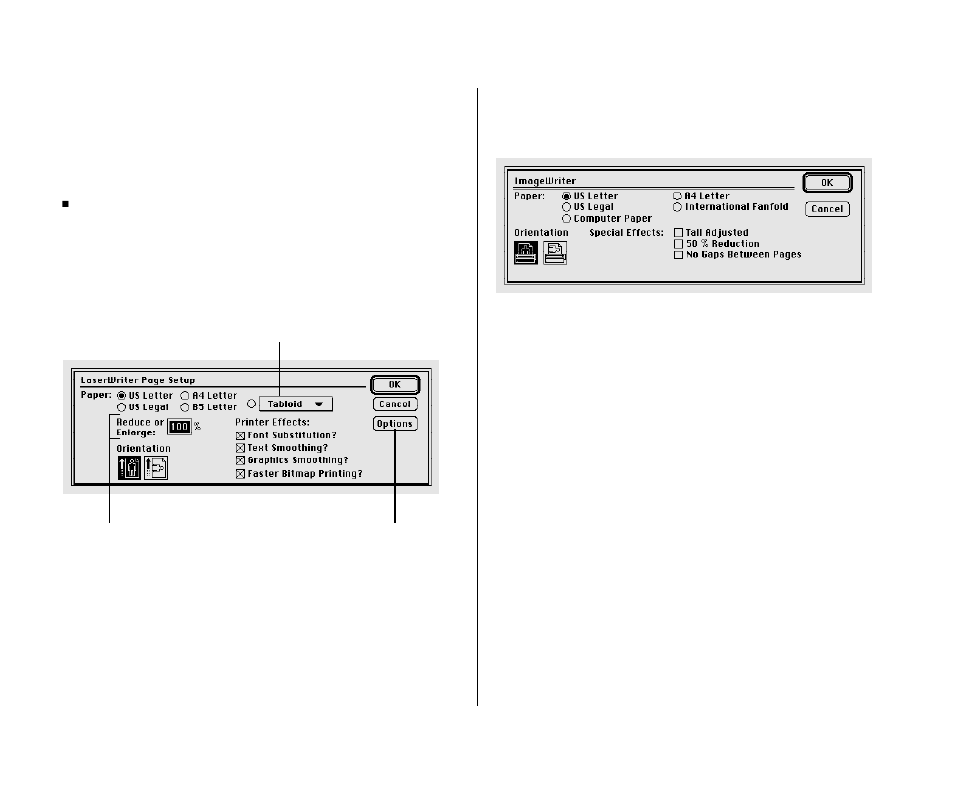 Selecting page setup options | Apple Macintosh PowerBook 145 User Manual | Page 186 / 304