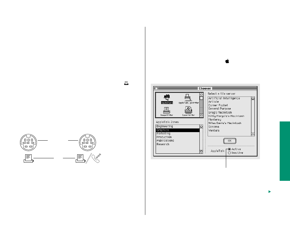 Connecting to a network 185, Turning on appletalk 185, Connecting to a network | Turning on appletalk | Apple Macintosh PowerBook 145 User Manual | Page 201 / 304