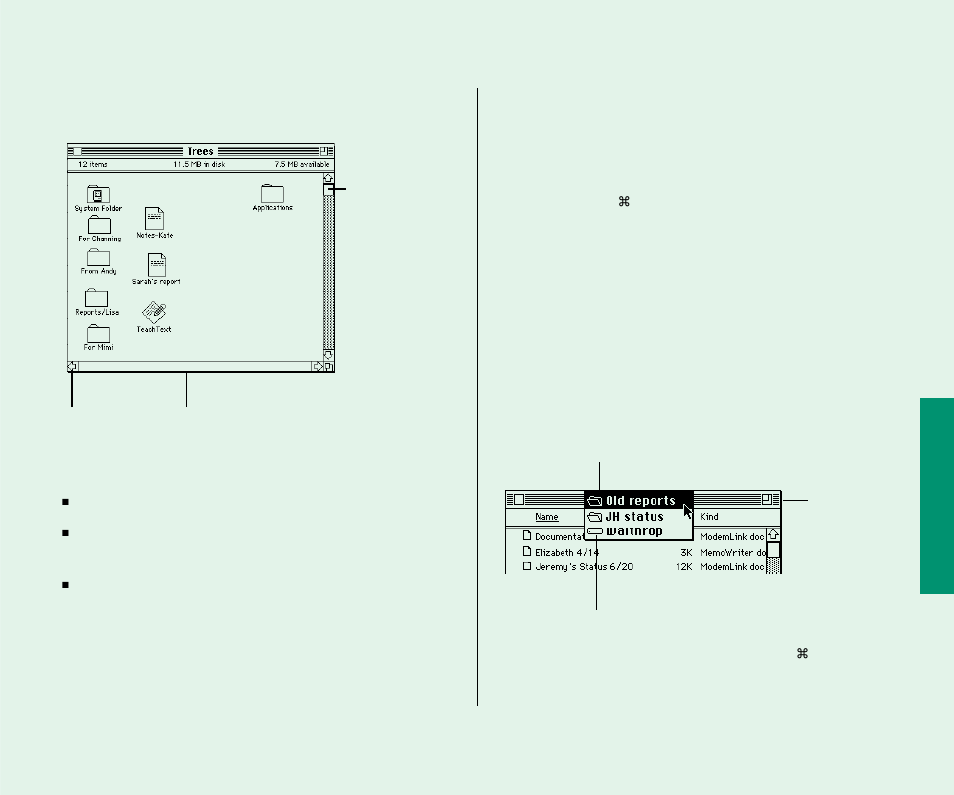 Scrolling through the contents of a window 235, Opening higher-level folder windows 235, Scrolling through the contents of a window | Opening higher-level folder windows | Apple Macintosh PowerBook 145 User Manual | Page 251 / 304