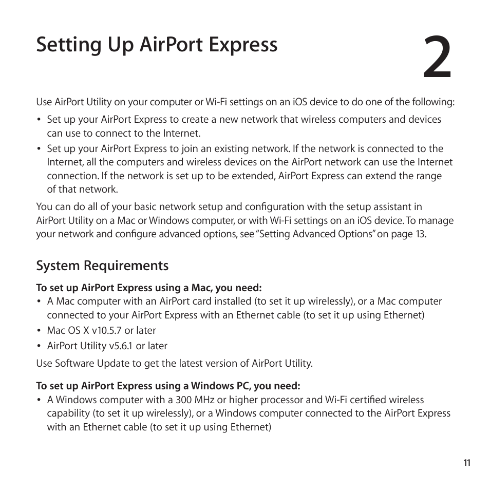 Setting up airport express, System requirements | Apple AirPort Express 802.11n (2nd Generation) User Manual | Page 11 / 32