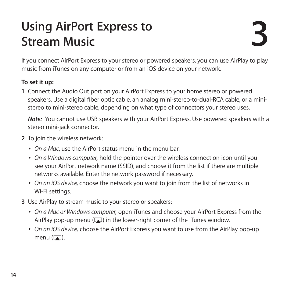 Using airport express to stream music | Apple AirPort Express 802.11n (2nd Generation) User Manual | Page 14 / 32