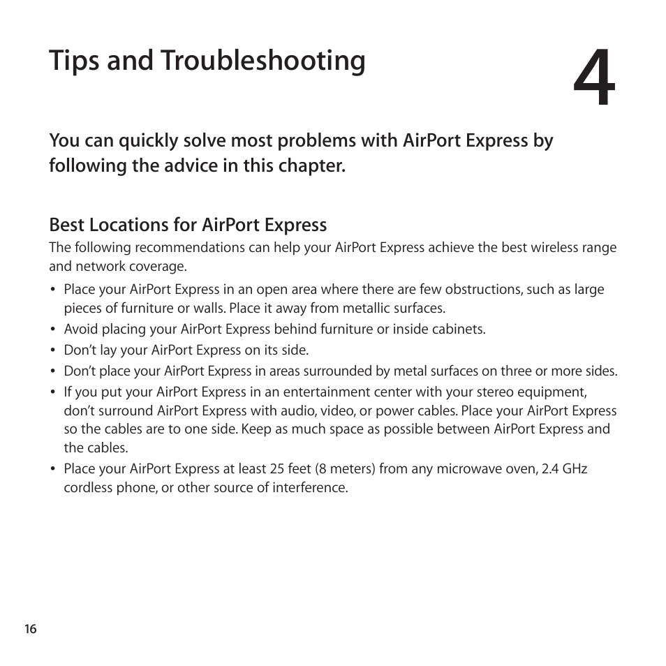 Tips and troubleshooting, Best locations for airport express | Apple AirPort Express 802.11n (2nd Generation) User Manual | Page 16 / 32