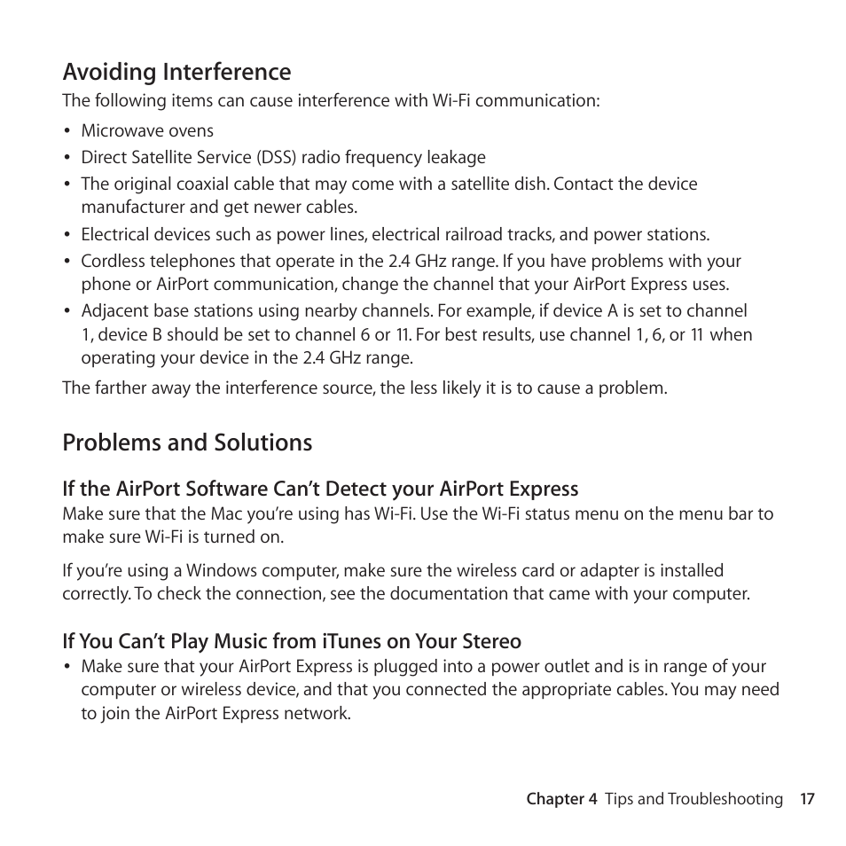 Avoiding interference, Problems and solutions | Apple AirPort Express 802.11n (2nd Generation) User Manual | Page 17 / 32