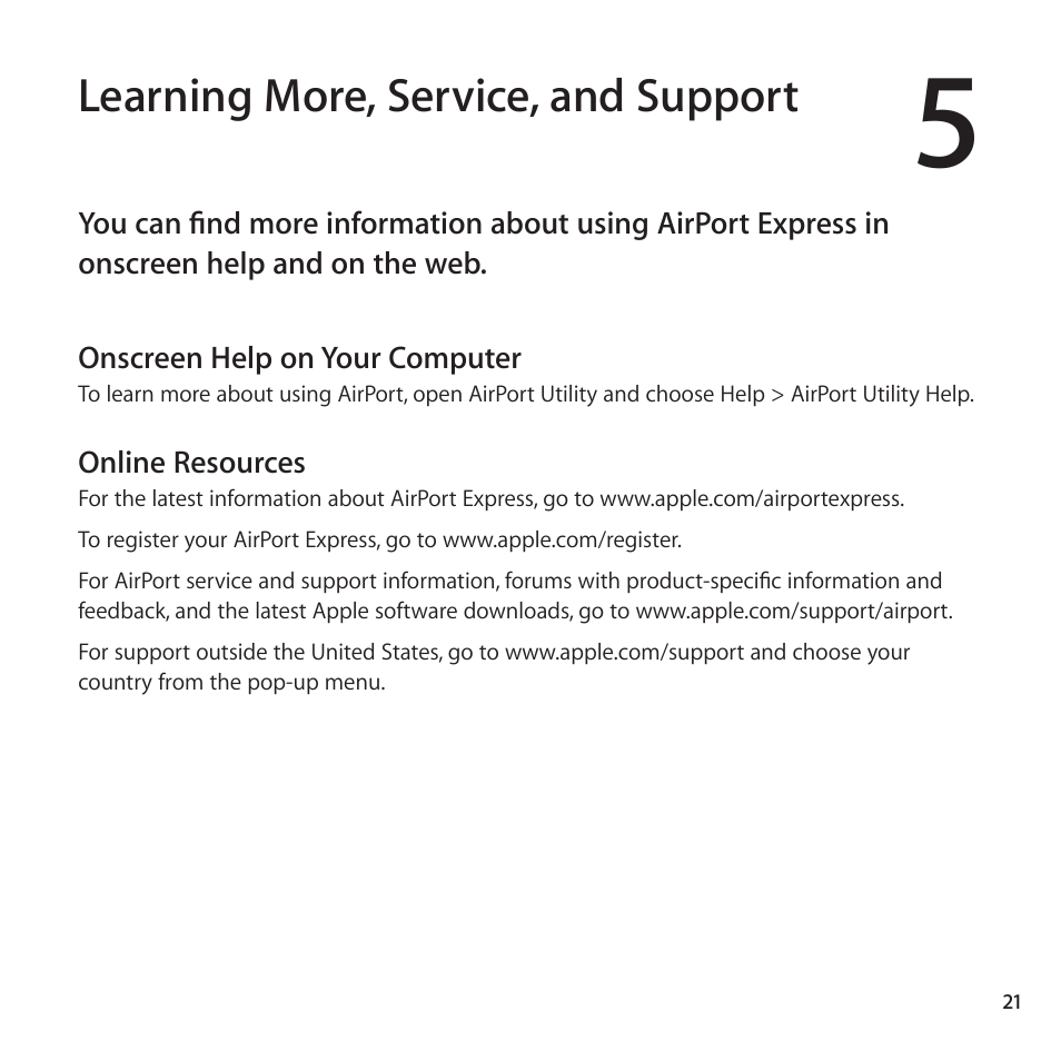 Learning more, service, and support, Onscreen help on your computer, Online resources | Apple AirPort Express 802.11n (2nd Generation) User Manual | Page 21 / 32